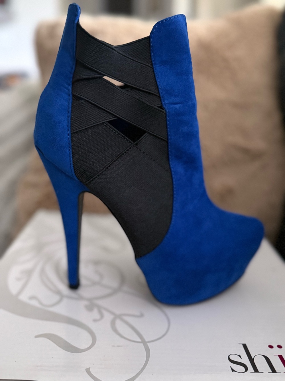 Shi by JOURNEYS Electric Blue Suede High Heel Ankle Boot with Black Insets